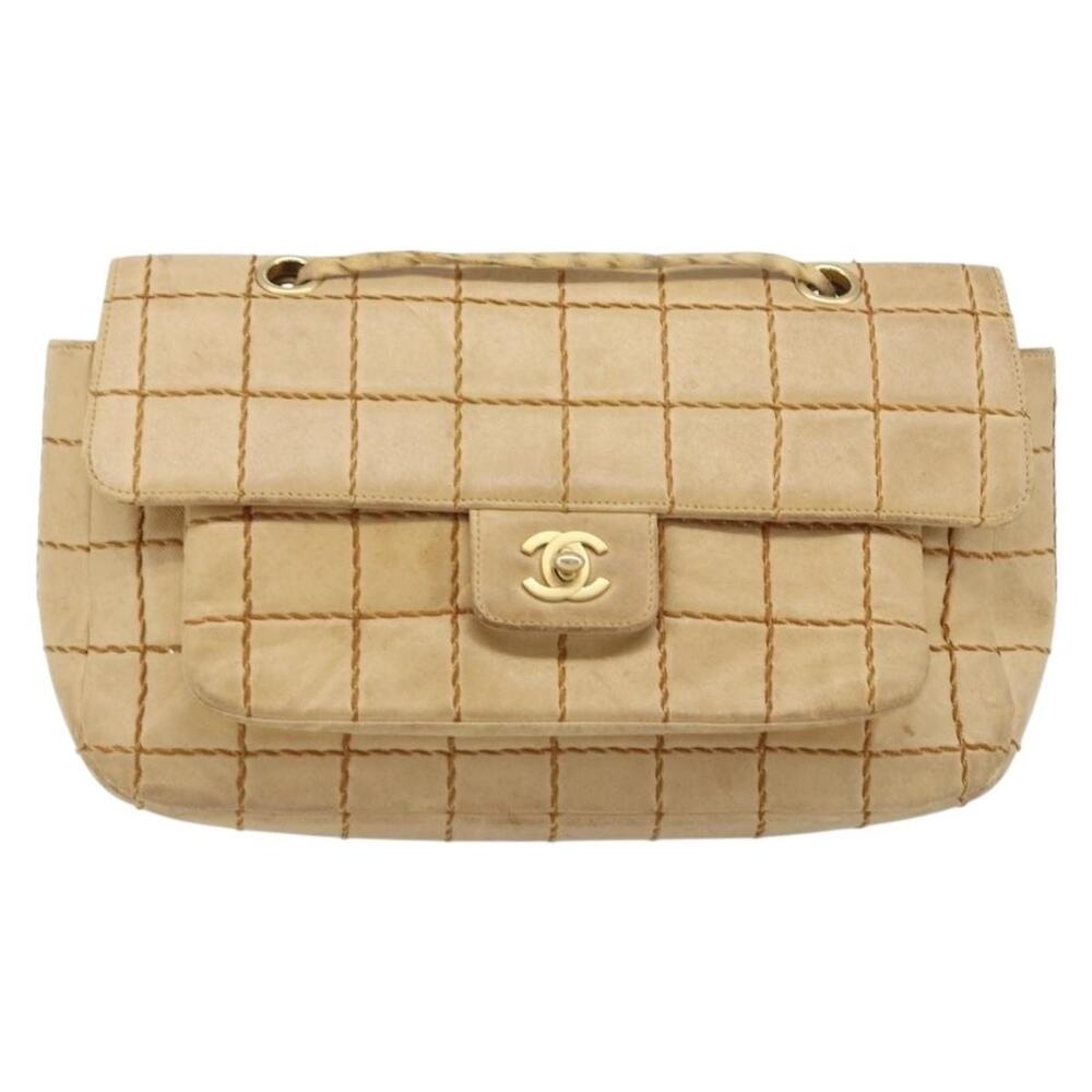 Chanel Lambskin Wild Stitch Choco Bar Chain Shoulder Bag Beige